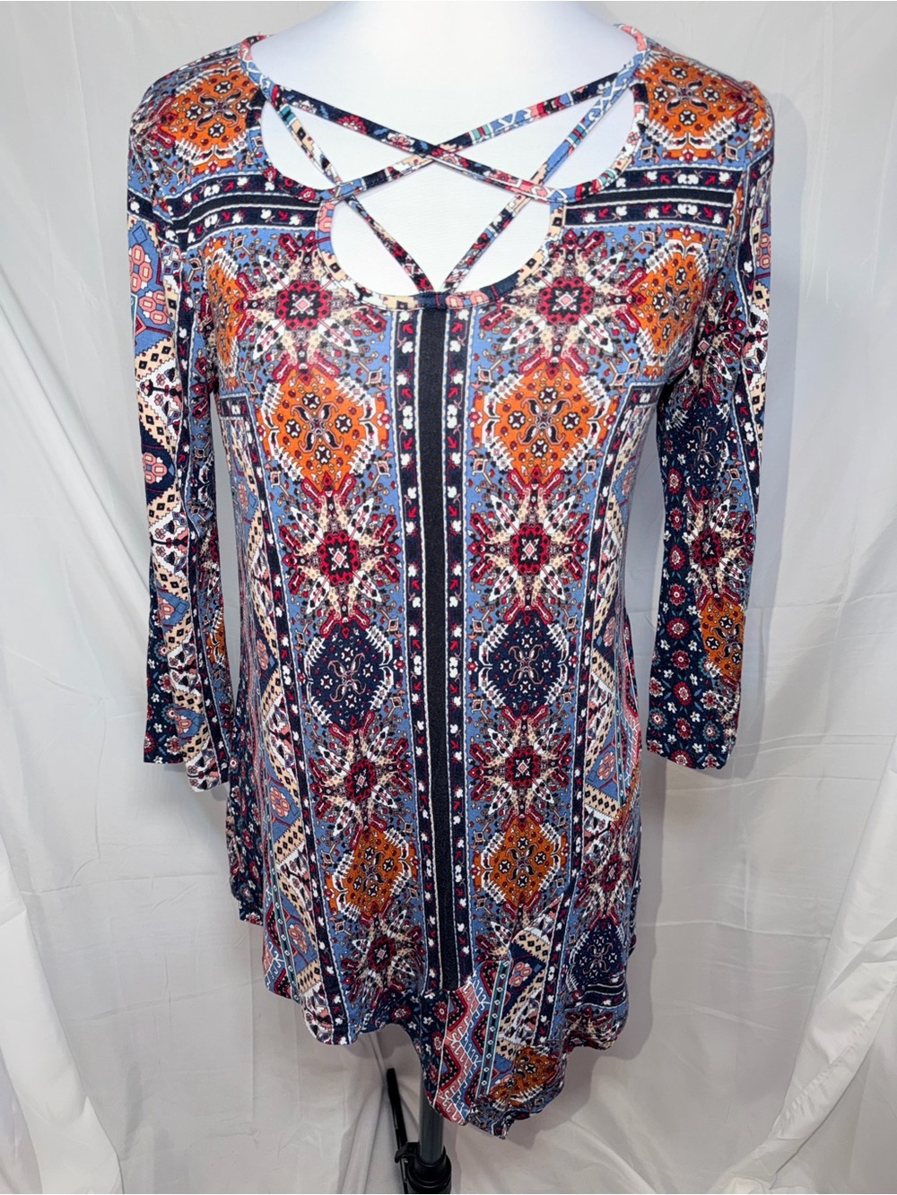 Boho One World geometric medallion print tunic top